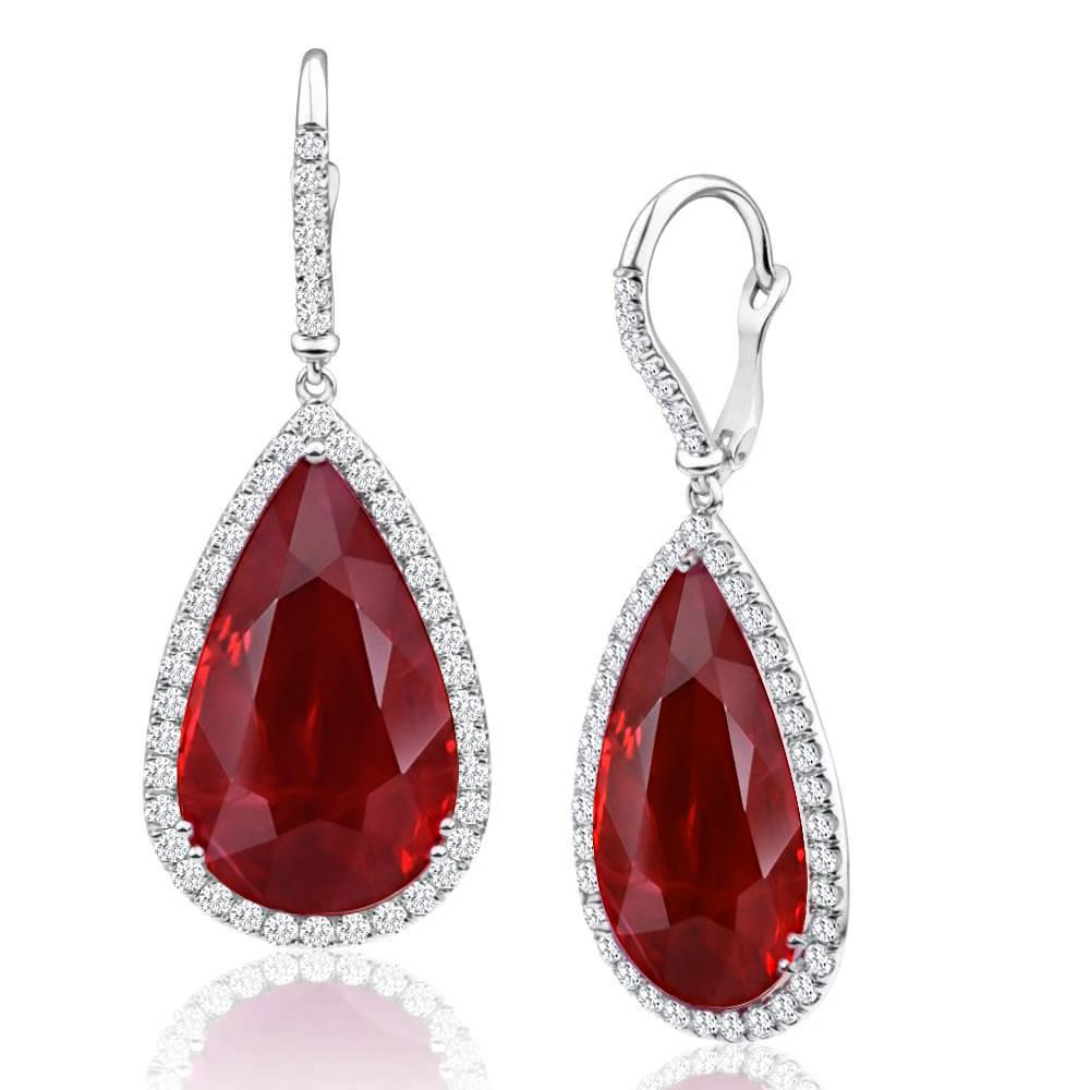 Red Pear Cut Ruby & Diamonds Female new Anniversar Dangle Earrings White Gold