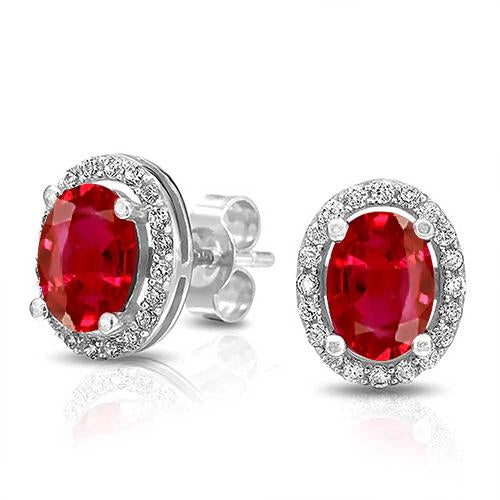 Red Ruby And Round Diamond Stud Halo Lady Earring Gold Jewelry Oval Cut Gemstone Earring
