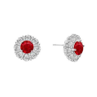 Round New High Quality Wedding Ruby And Diamonds Studs Earrings Gold White