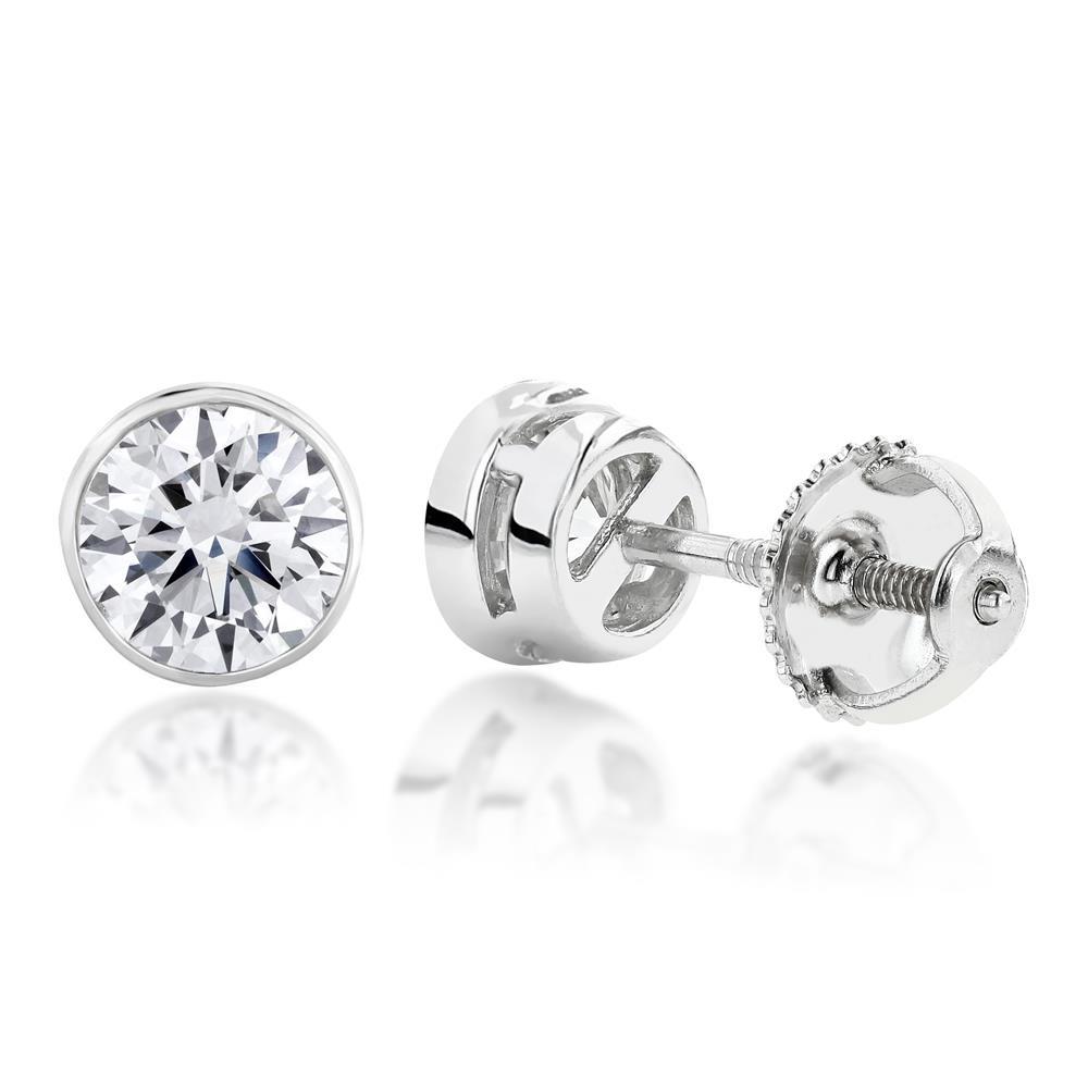 Round Bezel Set Diamond Women Studs Earring Solid White Gold