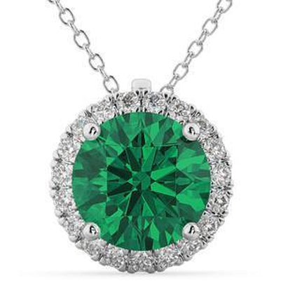 Round Brilliant Cut 17 Ct Emerald With Diamonds Pendant White Gold 14K Pendant