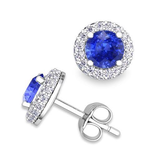 Round Brilliant Cut 4.00 Ct Ceylon Sapphire And Diamonds Studs Halo Studs- Halo