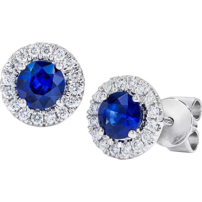 Round Ceylon Ladies Brilliant Sapphire And Diamonds Studs Earring White Gold