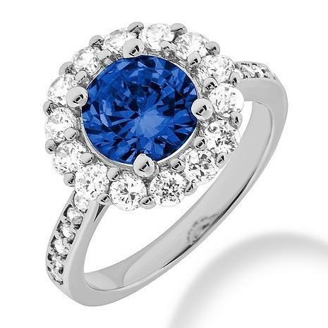 Round Ceylon Sapphire And Halo Diamond Wedding Ring White Gold 14K Gemstone Ring