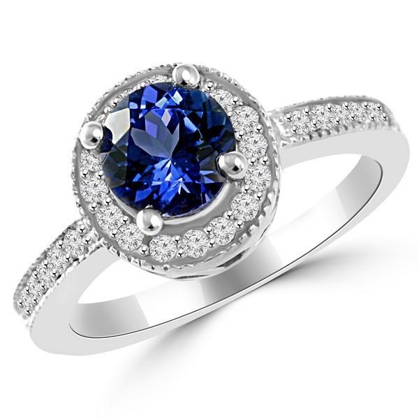 Fancy Lady’s Round Ceylon Sapphire Halo Diamond Ring White Gold Jewelry Gemstone Ring
