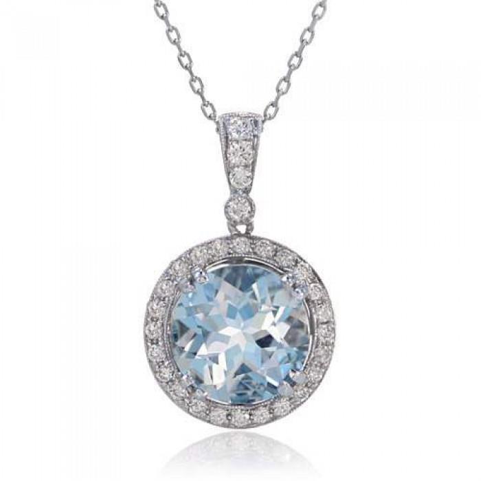 Round Cut 12 Carats Aquamarine With Diamonds Pendant White Gold 14K Gemstone Pendant