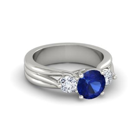 Round Cut Fancy Lady’s Three Stone Ceylon Sapphirediamonds Ring White Gold Gemstone Ring