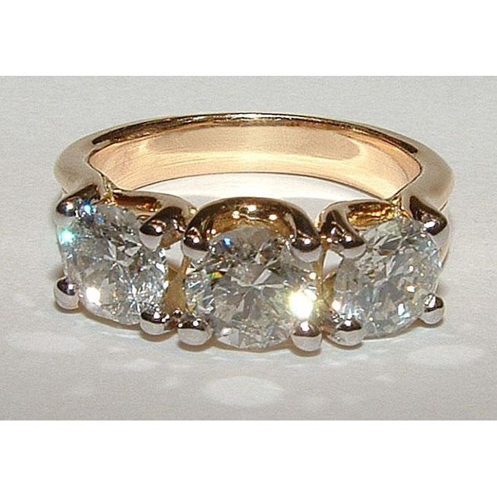 Round Cut 3 Stone Diamond Ladies Ring 3 Carat Yellow Gold 14K Three Stone Ring