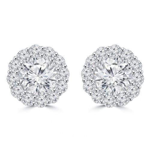 Round Cut 4.00 Carats Diamonds Ladies Studs Halo Earrings 14K White Gold Studs- Halo