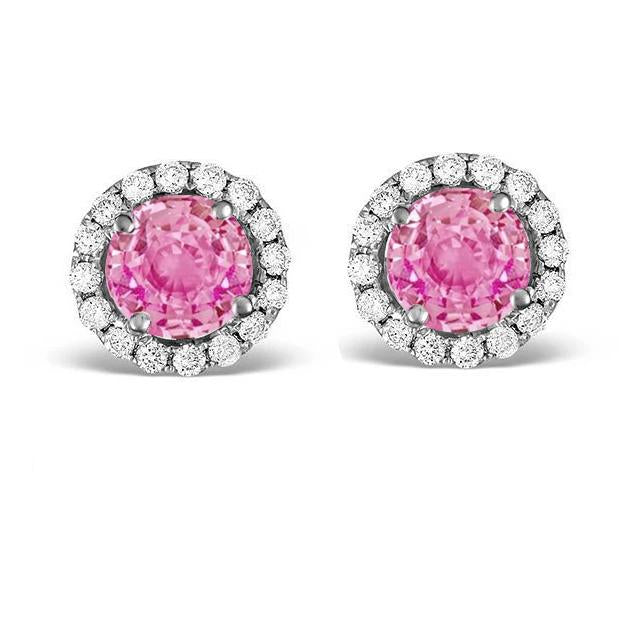 Round Cut Pink Sapphire And Diamonds Pave Halo Studs Earrings White Gold Gemstone