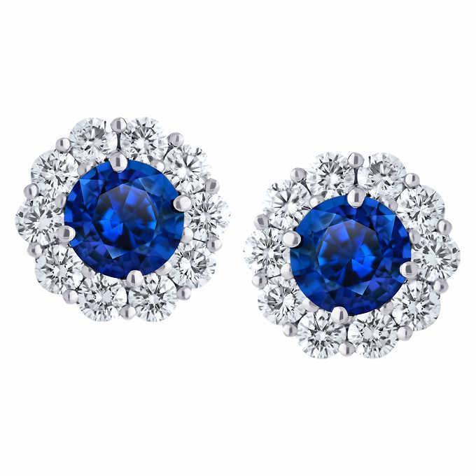 Lady’s Round Anniversary Round Cut Blue Sapphire And Diamonds 6 Ct Ladies Studs Earring Gold Pave Halo Gemstone Earring