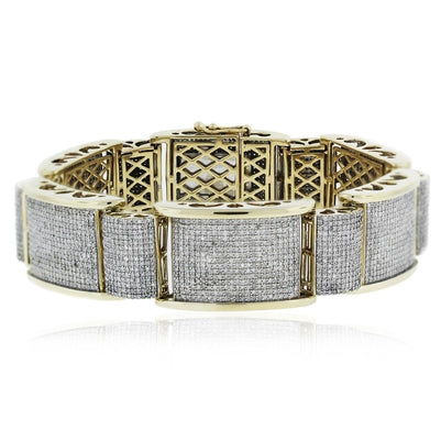 Round Cut Pave Set Natural Diamond Men Bracelet 20 Carats Yellow Gold 14K Mens Bracelet