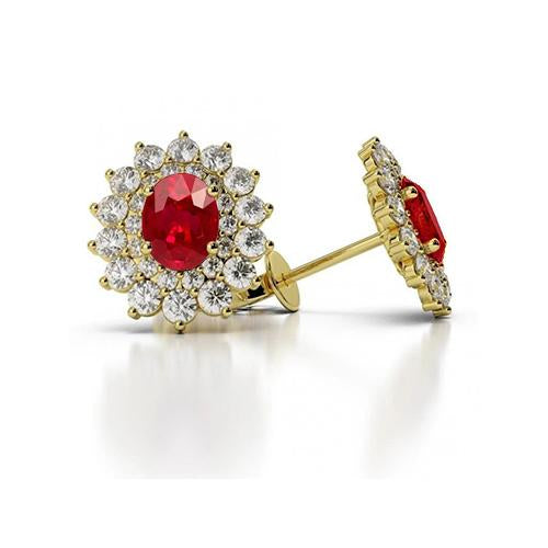 Woman's Weeding Anniversary Round Cut Ruby And Diamonds Halo Lady Studs Earrings Yellow Gold Gemstone Earring