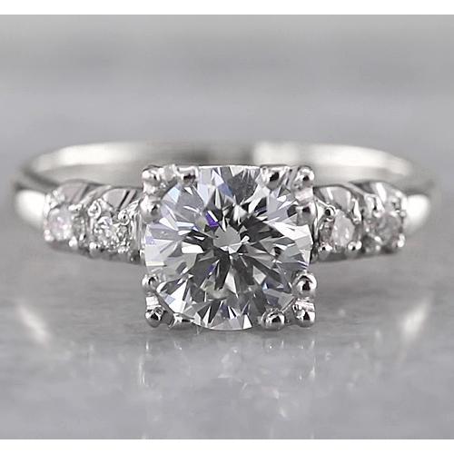 Round Diamond Prong Vintage Style White Gold Diamond Solitaire Ring with Accents