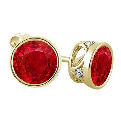 Womans weeding Round Shaped Red Ruby With Diamond Women Stud Earring Gold Gemstone Earring
