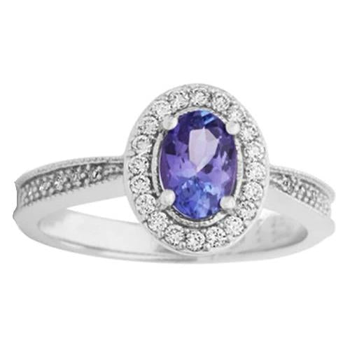 Solitaire With Accent Tanzanite & Diamonds Ring White Gold Gemstone Ring