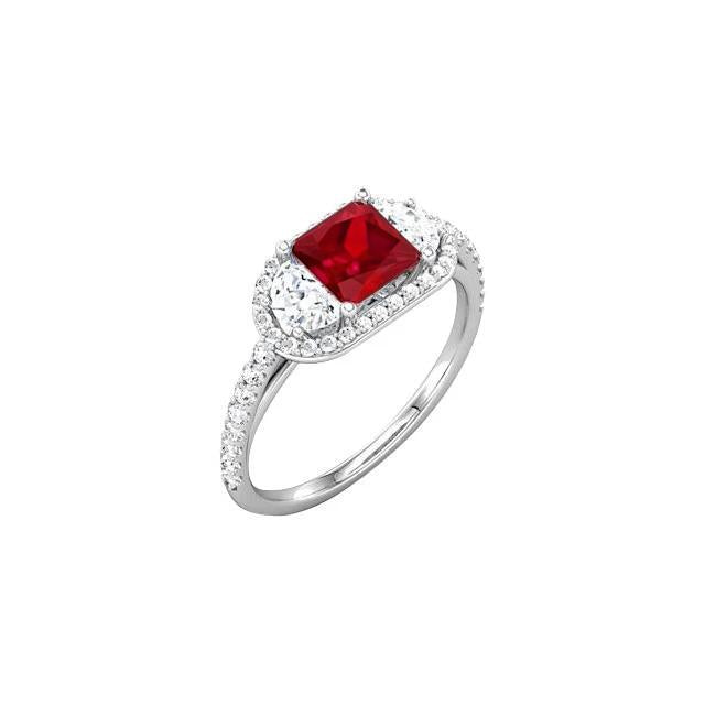 Sparkling Gorgeous fancy Princess Red Ruby Three Stone Style Ring White Gold Gemstone Ring
