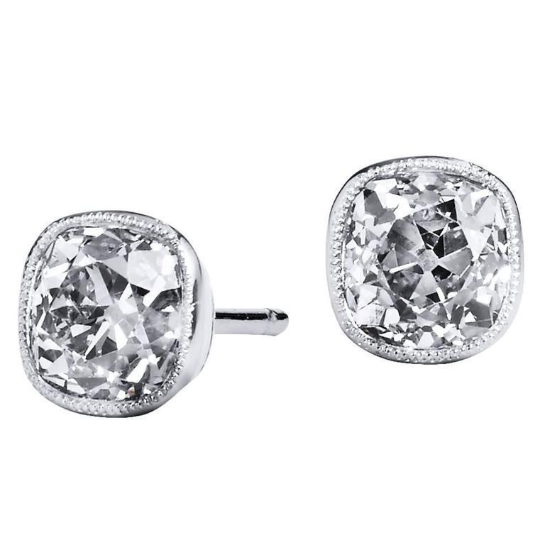 Sparkling Old Mine Cut Lady’s Brilliant Engagement White Gold Diamond Stud Earrings