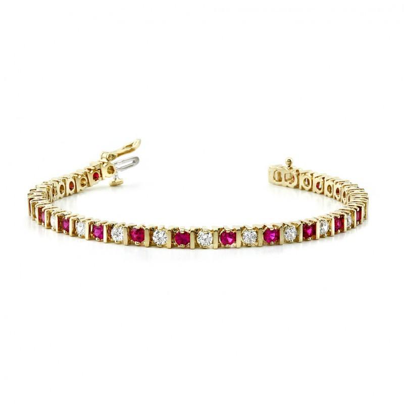 Sparkling Round Diamonds And Ruby Tennis Bracelet Yellow Gold 14K 8 Carats Gemstone Bracelet