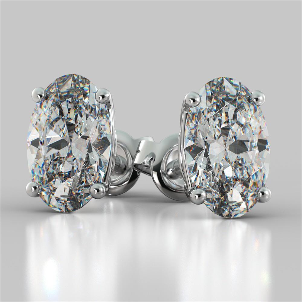 Stud Women Diamond Earrings Solid White Gold Prong Set Oval Cut