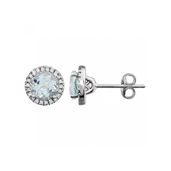 Studs Earrings Halo Round Cut Aquamarine And Diamonds Gemstone Earring