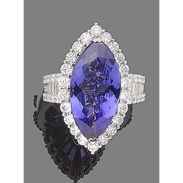Elegant Woman's Tanzanite And Diamonds Ring White Gold Gemstone Ring