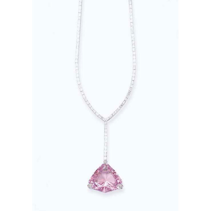 Trillion Cut Kunzite And Baguette Diamond Ladies Necklace Pendant Gemstone Pendant