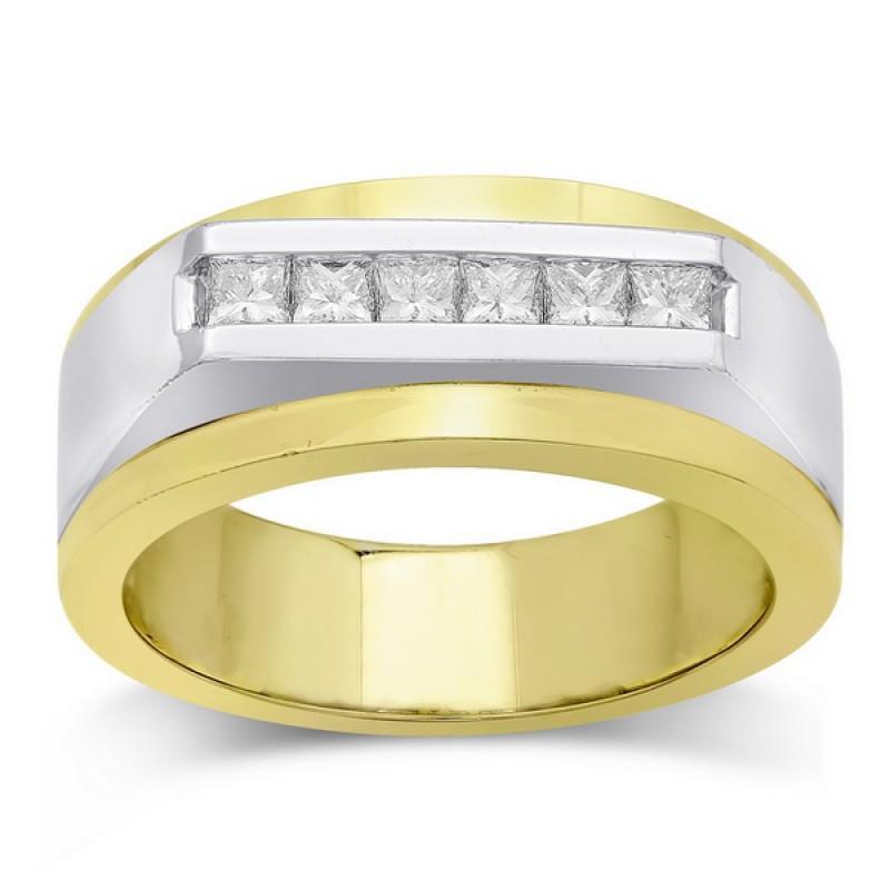 Two Tone Gold 14K Men Ring Band Round Diamond 0.71 Carats Band