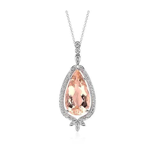 White Gold 14K 13.75 Carats Morganite And Diamonds Lady Pendant Gemstone Pendant