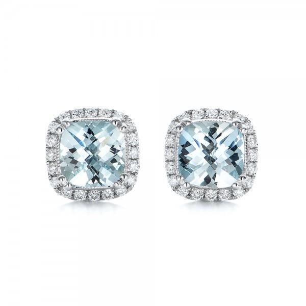 White Gold Halo Aquamarine With Diamonds Studs Earrings Fancy Engagement