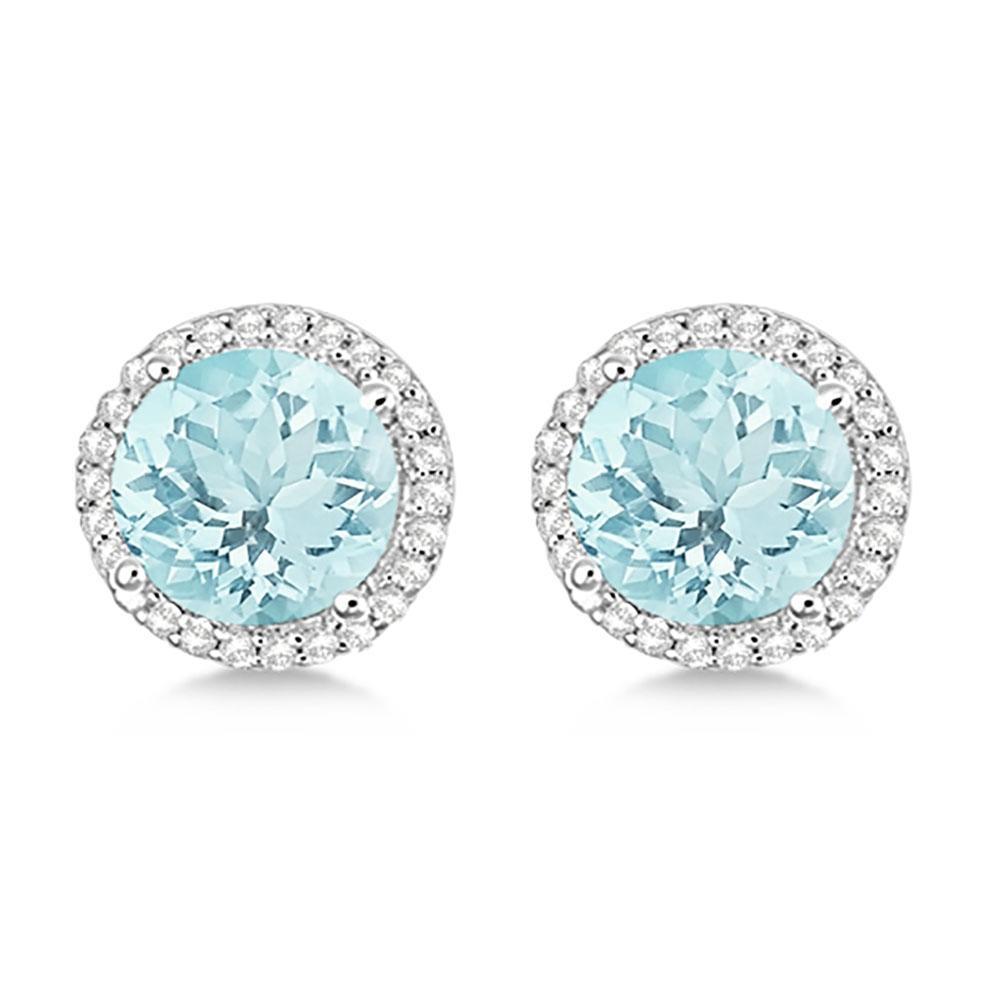 White Gold Prong Set Aquamarine Diamond Stud Earring Halo Gemstone Earring