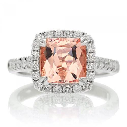 White Gold Half bazel fancy Cushion Morganite And Diamonds Wedding Gemstone Ring