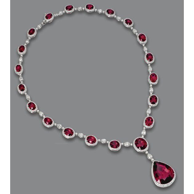 White Gold 14K Red Ruby With Diamonds 49.50 Carats Lady Necklace Gemstone Necklace