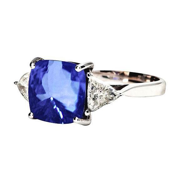 New White Gold Cushion Ceylon Blue Sapphire Diamond 3-Stone Ring Gemstone Ring