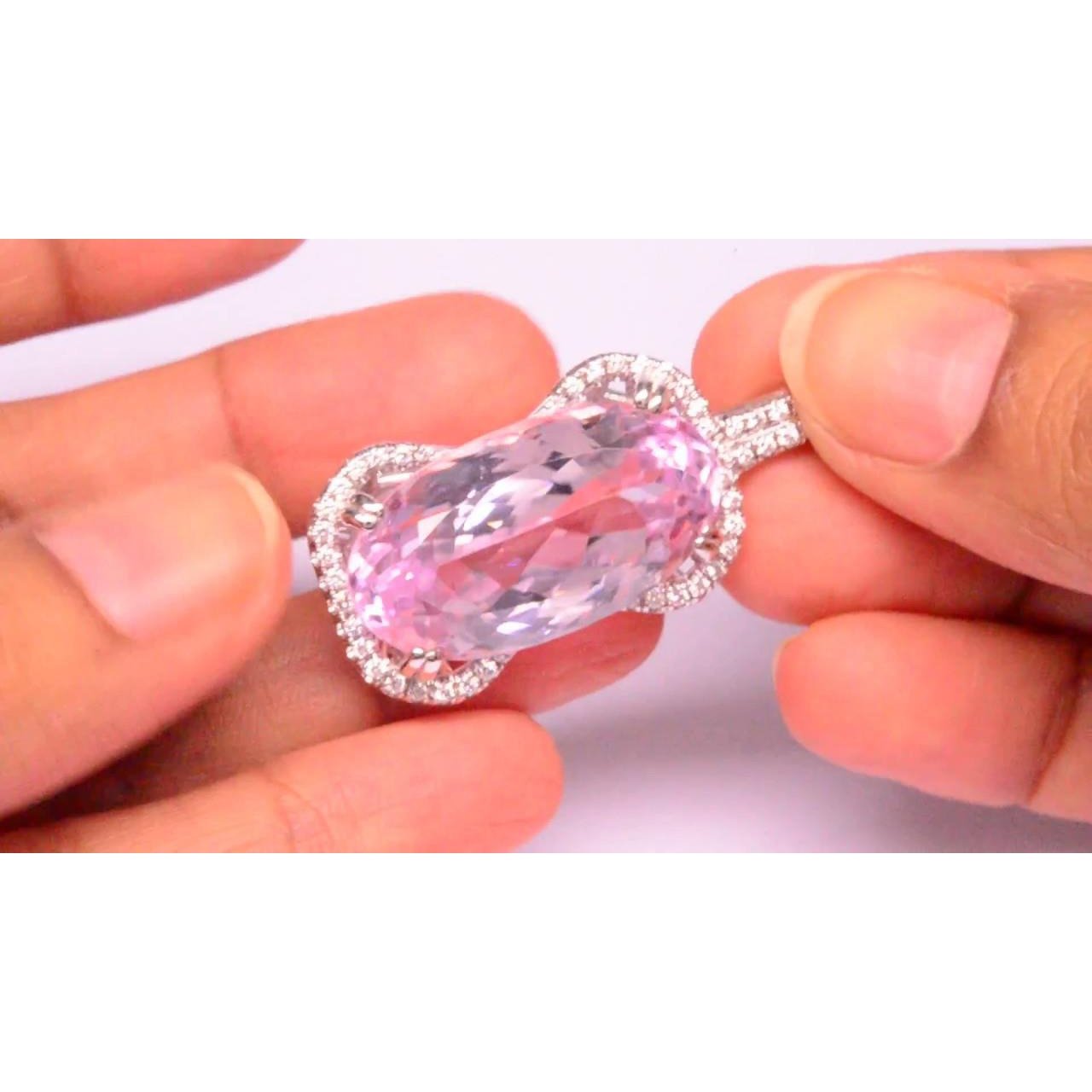 Women 14K White Gold Pink Kunzite With Diamond Necklace Pendant Gemstone Pendant