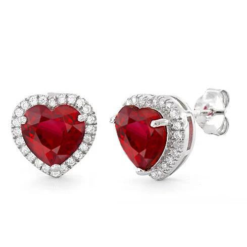 Women Studs Earrings Halo Prong Set Ruby And Diamonds Gemstone Earring