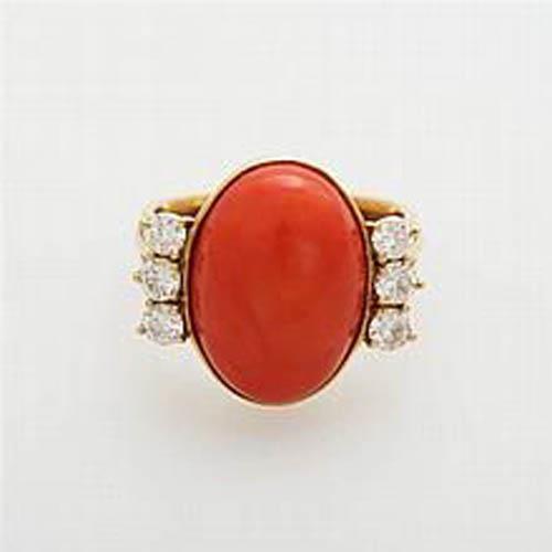Yellow Gold Big Red Coral With Diamonds New Gemstone Ring