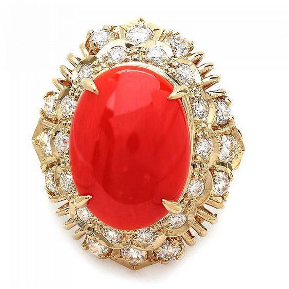 Yellow Gold 14K 13.50 Ct Oval Red Coral With Round Diamonds Ring Gemstone Ring