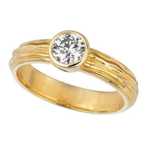 Yellow Gold Round Brilliant Diamond Bezel Set Ring Thick Shank Solitaire Ring