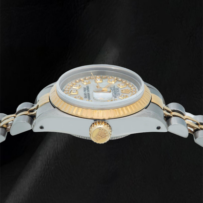 Rolex Datejust 69173 26mm White Mother of Pearl String Diamond Dial Two Tone Jubilee Bracelet Watch
