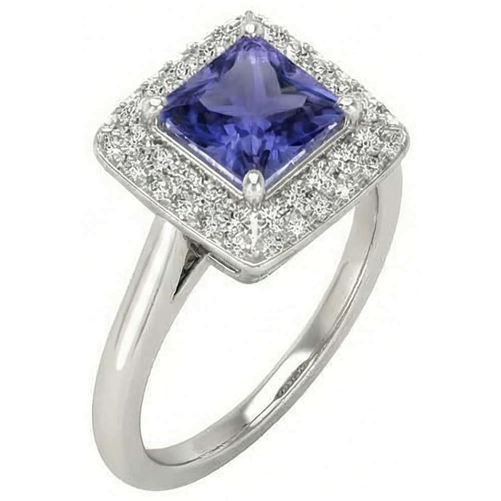 1.5 Ct Princess Cut Tanzanite With Natural Earth Mined Diamond Ring White Gold