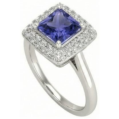 1.5 Ct Princess Cut Tanzanite With Natural Earth Mined Diamond Ring White Gold