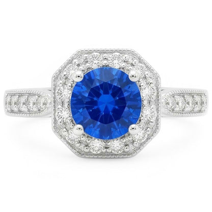 1.5 Ct Sapphire And Natural Earth Mined Diamond Wedding Ring 14K White Gold