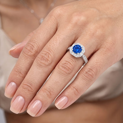 1.5 Ct Sapphire And Natural Earth Mined Diamond Wedding Ring 14K White Gold