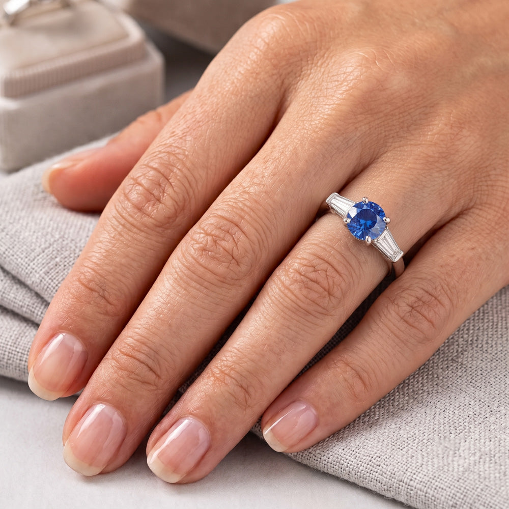 1.5 Ct Sri Lanka Sapphire And Baguette Natural Earth Mined Diamond 3 Stone Ring