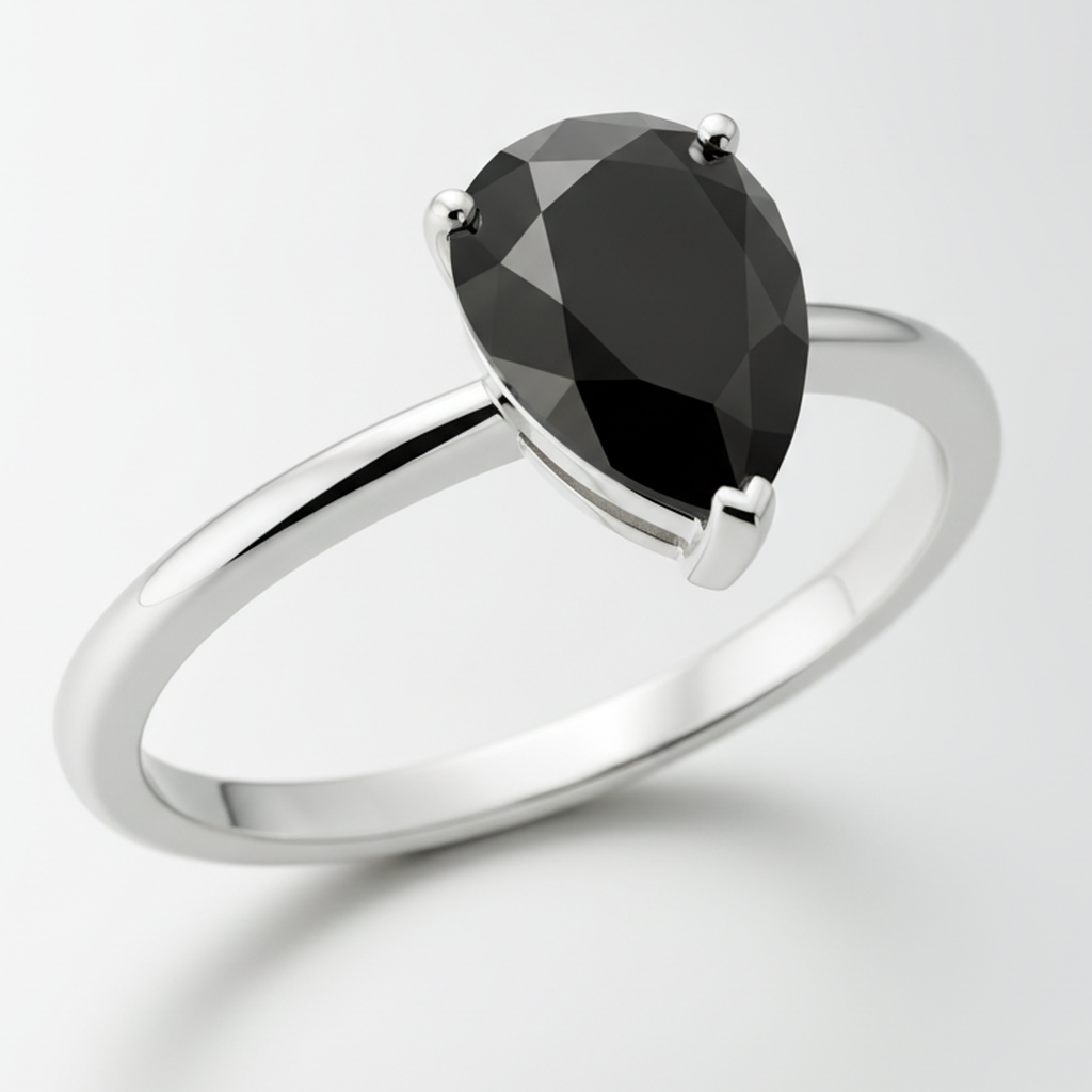 1.5 Carat Pear Black Diamond Solitaire Ring Natural 14K White Gold