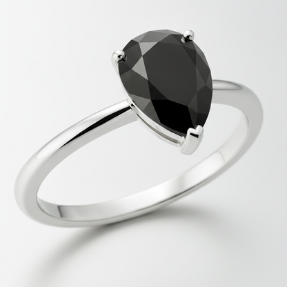 1.5 Carat Pear Black Diamond Solitaire Ring Natural 14K White Gold