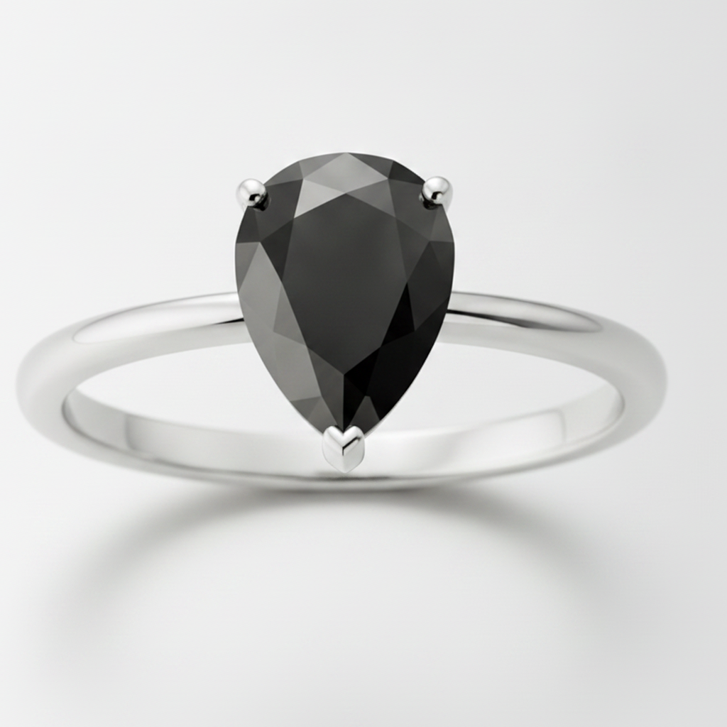1.5 Carat Pear Black Diamond Solitaire Ring Natural 14K White Gold