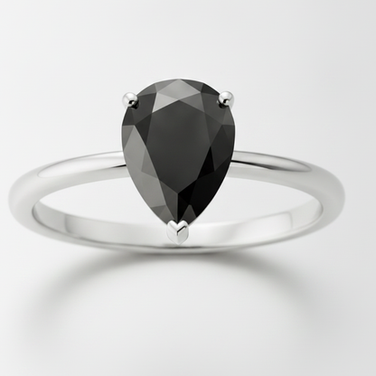 1.5 Carat Pear Black Diamond Solitaire Ring Natural 14K White Gold