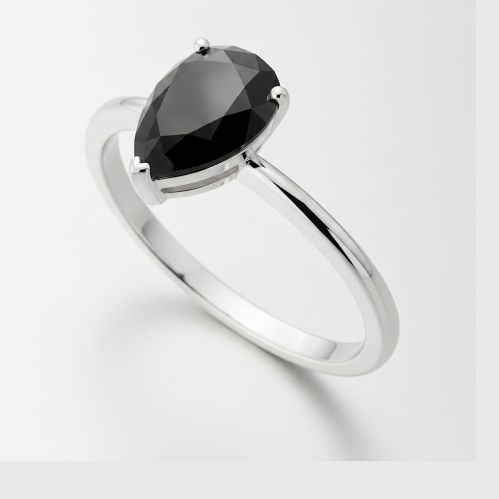 1.5 Carat Pear Black Diamond Solitaire Ring Natural 14K White Gold